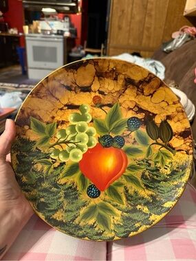 Hand-Painted Fruit Motif Decorative Plate in Yellow & Green